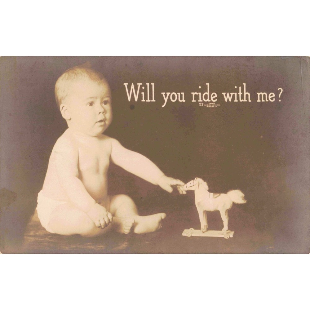 Vintage Sepia Postcard Will You Ride With Me Baby and Toy Horse Rochester Photo - Picture 1 of 2